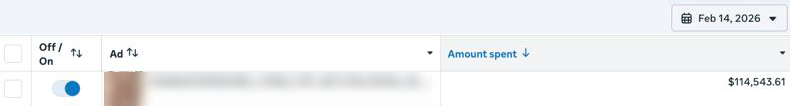 Ads Manager: one ad, $114,543.61 spent on Feb 14, 2026